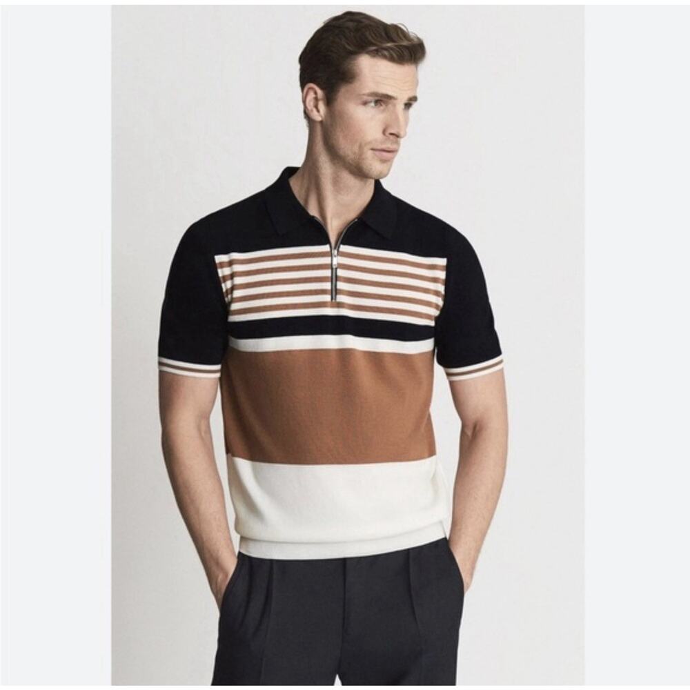Reiss Captain Men's Sml Polo Half Zip Striped Camel Navy Color Block Modal Blend